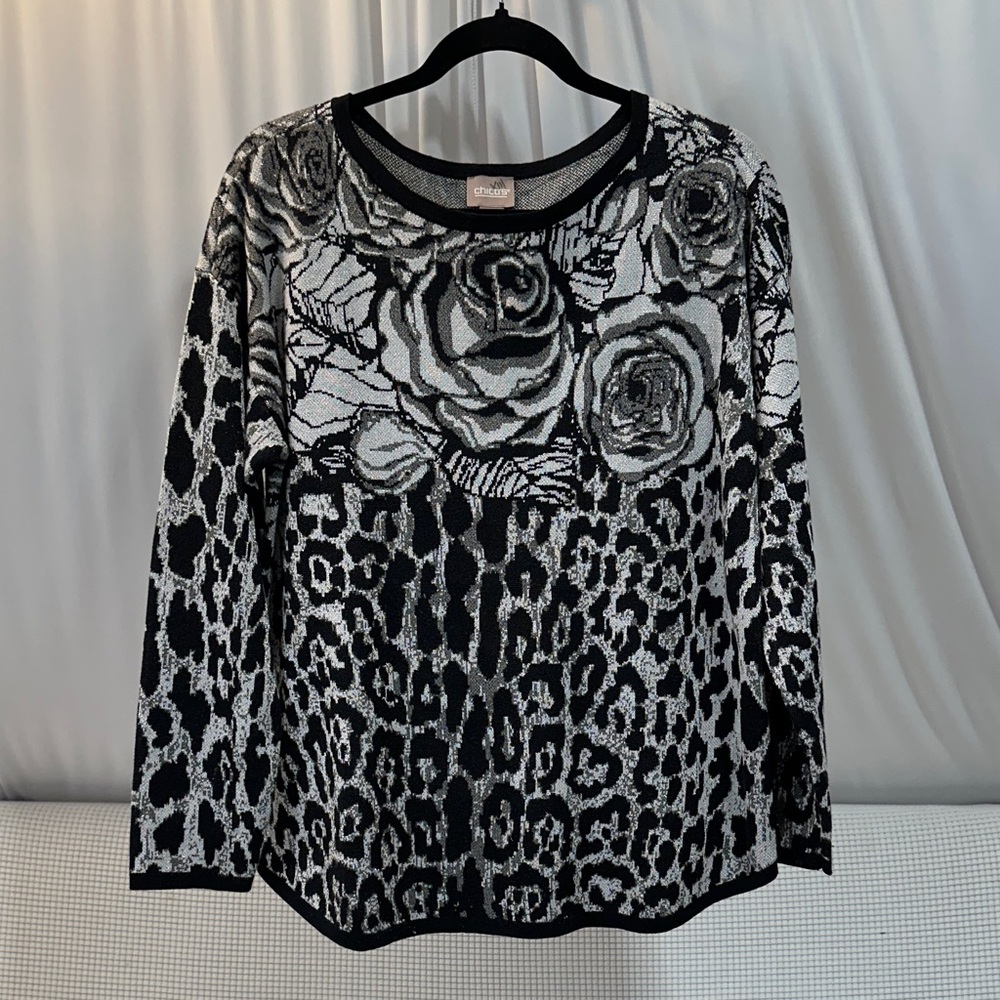 Chico's Monochrome Floral and Animal Print Top